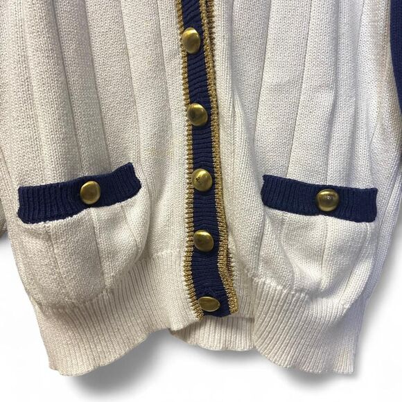 Vintage Pierre Cardin knit gold navy and white sweater cardigan size M - Picture 7 of 11